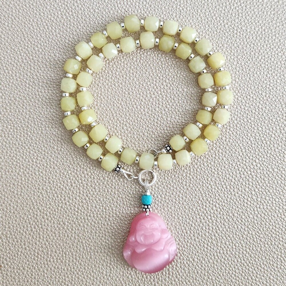 LEMON JADE NECKLACE W/ HAPPY BUDDHA PENDANT--16"